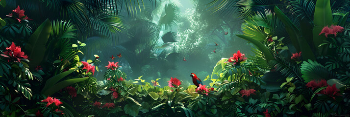 Obraz na płótnie Canvas The jungle is filled with flowers and plants Golden elements, watercolor painting, children's wallpaper. Tropical Symphony: Lush Rainforest Alive with Sounds. 