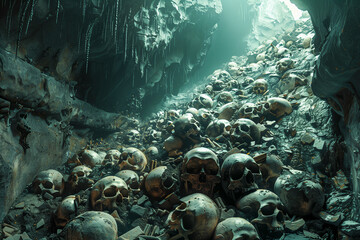 Hundreds of skulls in catacombs - obrazy, fototapety, plakaty