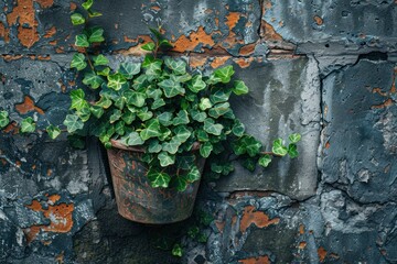 A flourishing potted plant cascading down the weathered surface, infusing vitality into the aged architecture. - obrazy, fototapety, plakaty