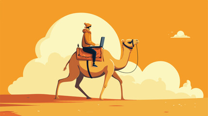 A man travels on a camel with a laptop. Business an