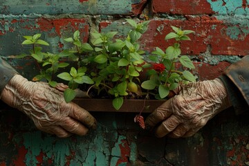 A pair of weathered hands carefully tend to a flourishing herb garden sprouting from the old brick wall. - obrazy, fototapety, plakaty