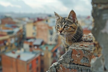 A playful kitten perched atop the crumbling wall, peering curiously at the bustling cityscape below. - obrazy, fototapety, plakaty