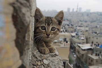 A playful kitten perched atop the crumbling wall, peering curiously at the bustling cityscape below. - obrazy, fototapety, plakaty