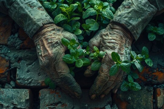 A pair of weathered hands carefully tend to a flourishing herb garden sprouting from the old brick wall.
