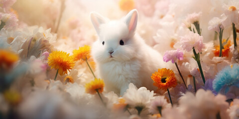 AI generated illustrations of little rabbits in the flower sea