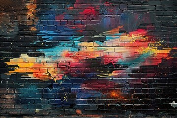 A vibrant street art masterpiece splashed across the worn bricks, igniting the urban landscape with color.