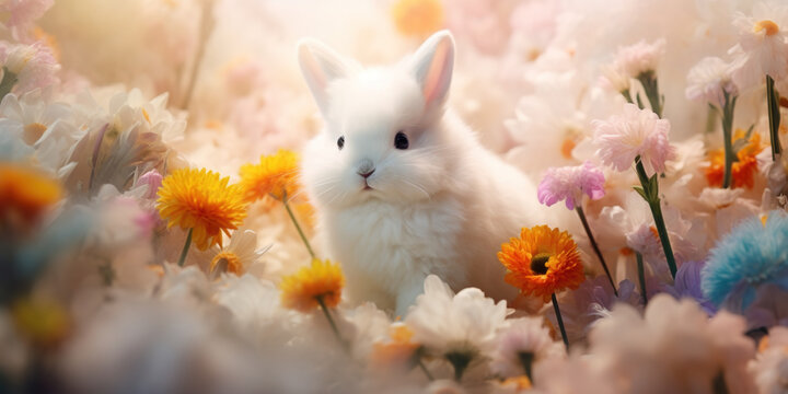 AI generated illustrations of little rabbits in the flower sea