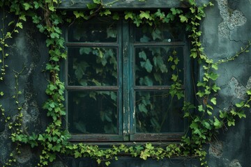 Fototapeta na wymiar A weathered window frame draped with ivy, offering a glimpse into the timeless beauty of the historic city.