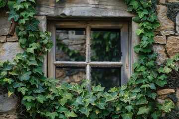 Fototapeta na wymiar A weathered window frame draped with ivy, offering a glimpse into the timeless beauty of the historic city.