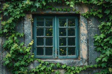 A weathered window frame draped with ivy, offering a glimpse into the timeless beauty of the historic city.