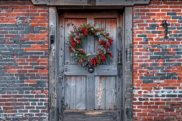 A weathered wooden door adorned with a lively wreath, welcoming visitors to the quaint brick building.