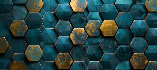 Abstract background with turquoise and gold hexagons. Abstract wallpaper pattern texture backdrop design. - obrazy, fototapety, plakaty