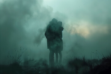 Lovers walking in the mist