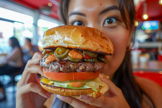woman with supersize hamburger