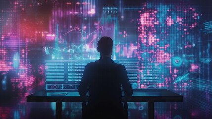 The man's reflection is faintly visible on the screen, amidst a backdrop of cascading holographic blockchain diagrams that seem to float weightlessly above his workspace.