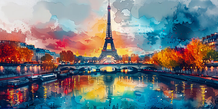 Paris landscape - watercolor paris travel scene