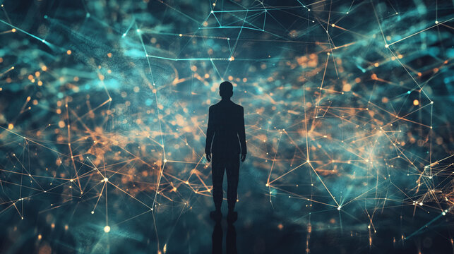 The man's figure is a silhouette against the luminous holographic blockchain canvas, where lines of code morph into pulsating nodes, creating a visual symphony of connectivity.
