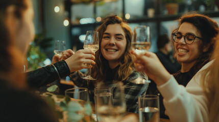 Amidst the serene atmosphere of her workspace, a white woman raises a celebratory toast with her colleagues, her expression filled with happiness and gratitude, her smile embodying