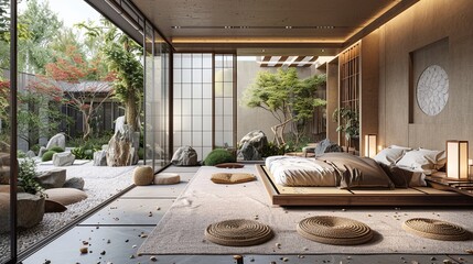 Tranquil Japanese Style Bedroom Overlooking Zen Garden - obrazy, fototapety, plakaty
