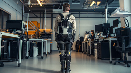 The engineer designs and prototypes next-generation robotic exoskeletons, combining biomechanics and advanced materials in a sophisticated engineering lab. - obrazy, fototapety, plakaty