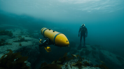 The engineer conducts field trials of an autonomous underwater vehicle (AUV), deploying advanced sensors and navigation algorithms in marine environments. - obrazy, fototapety, plakaty