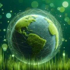 Abstract 3d rendering illustration of green grassy earth globe on green bokhe backdrop 
