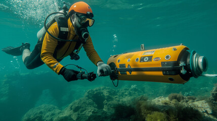The engineer conducts field trials of an autonomous underwater vehicle (AUV), deploying advanced sensors and navigation algorithms in marine environments. - obrazy, fototapety, plakaty