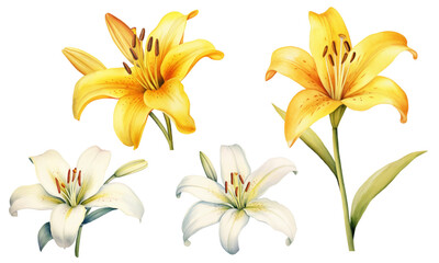 Set of watercolor illustrations of lily flowers. Perfect for greeting card or invitation