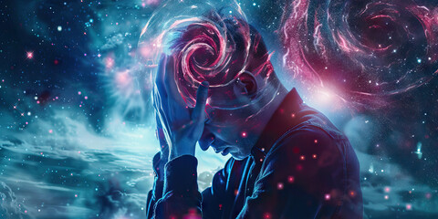 Concussion Crisis: The Headache and Dizziness - Picture a person holding their head, surrounded by stars and swirls, depicting a headache and dizziness - obrazy, fototapety, plakaty