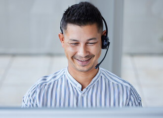 Businessman, headset and telemarketing at call centre for customer service, smile or technical...