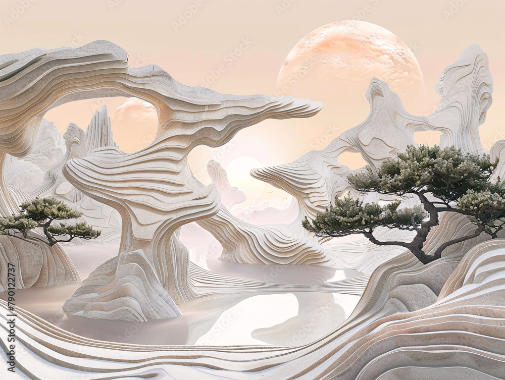 Wall mural dreamscape where surreal organic forms morph and shift, creating a constantly evolving landscape of 