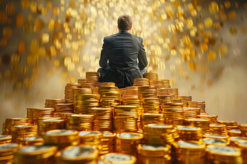 Businessman sitting on vast wealth, Business concept
