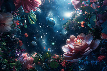 Fototapeta na wymiar A scene of a cosmic garden floating in space, with celestial bodies orbiting around giant organic flowers and plants 