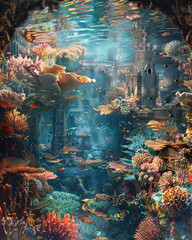 underwater kingdom inhabited by merfolk, with coral reefs and seaweed forests