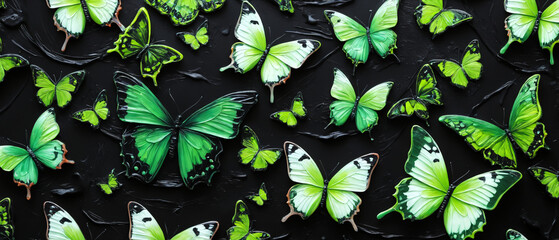 3D painting of swarming phosphorescent green butterflies at night, black background