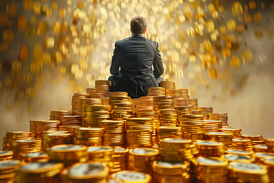 Businessman sitting on vast wealth, Business concept