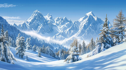 Fototapeta na wymiar A serene winter mountain scene with snow-covered peaks rising above a tranquil alpine valley dotted with pine trees and surrounded by a clear blue sky isolated on a transparent background