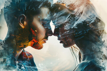 Mesmerizing double exposure poster showcasing a passionate couple in love, capturing the essence of romance and intimacy