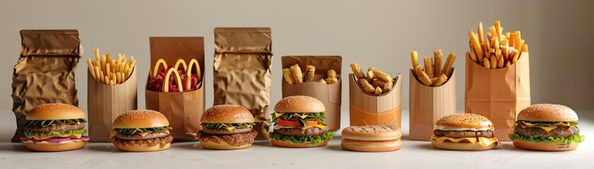 A row of food items including hamburgers, fries, and a salad