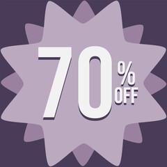 70 percent off in white, in a light pink format with a dark purple background