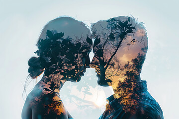 Mesmerizing double exposure poster showcasing a passionate couple in love, capturing the essence of romance and intimacy - obrazy, fototapety, plakaty