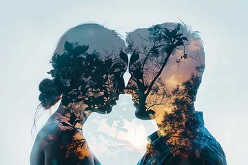 Fotobehang Mesmerizing double exposure poster showcasing a passionate couple in love, capturing the essence of romance and intimacy © River Girl