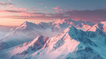 A breathtaking view of snow-covered mountains illuminated by the soft light of a winter sunset...