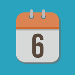 Calendar with number 6 in orange, white and brown in minimalist tones, with blue bakcground