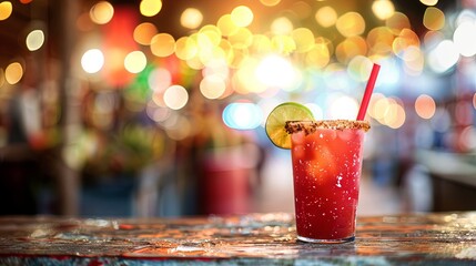 Refreshing michelada cocktail on a rustic bar counter with bokeh lights