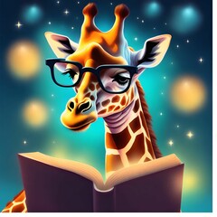 Girafa lendo um livro. feito em ilustração digital IA.