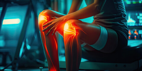 ACL Tear Trauma: The Knee Instability and Swelling - Imagine a person holding their knee, with highlighted instability and swelling, illustrating the knee instability - obrazy, fototapety, plakaty