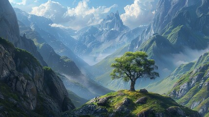 Majestic lone tree on a mountainous landscape with sun rays