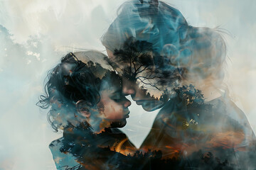 Stunning double exposure poster featuring a loving mother and child, symbolizing the bond and tenderness of motherhood - obrazy, fototapety, plakaty