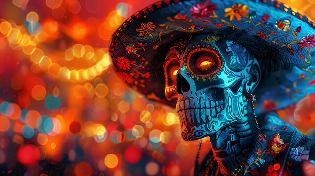 Colorful skull makeup, sombrero, Día de los Muertos celebration.